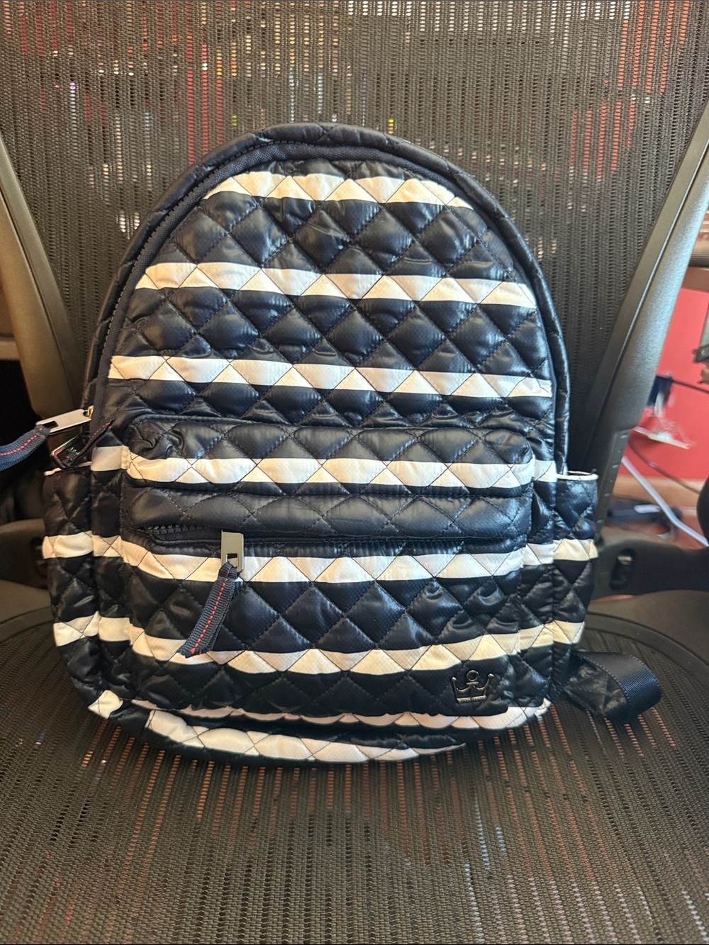 OLIVER THOMAS Quilted Backpack Black White Stripe Red Lining Washable